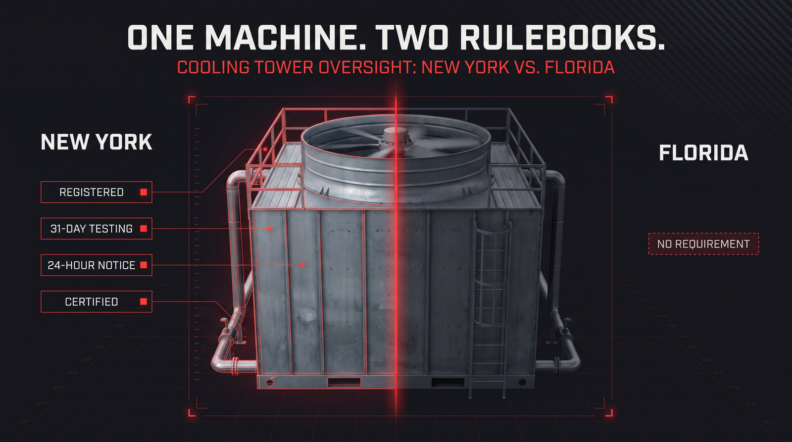 Technical infographic comparing New York's cooling tower inspection requirements against Florida's absence of any cooling tower rule.