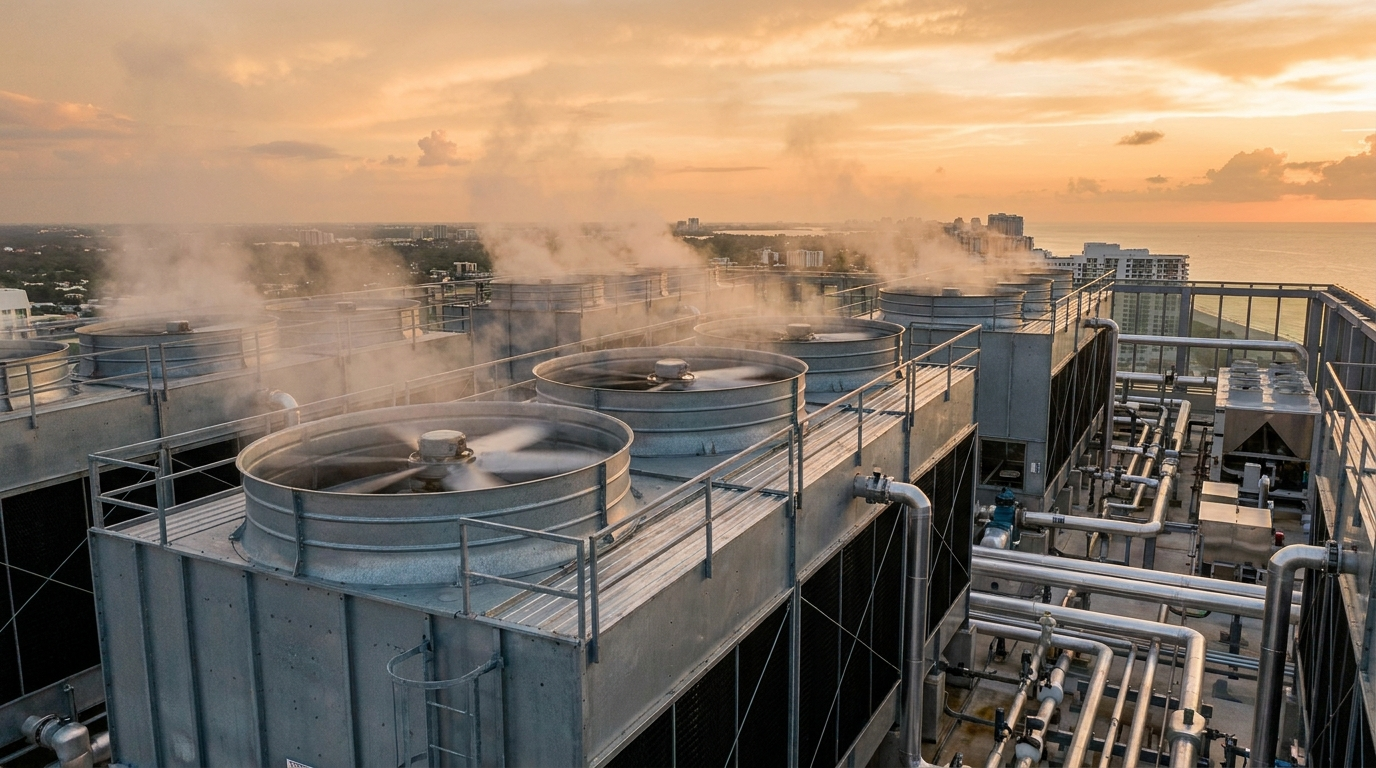 Rooftop induced-draft cooling towers releasing water mist above a South Florida coastal high-rise at golden hour.
