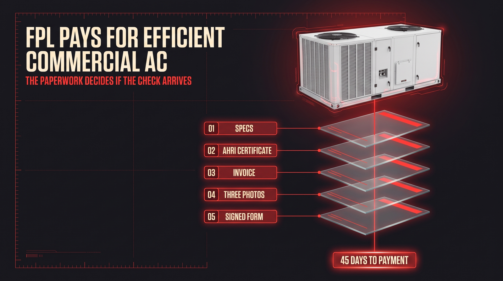 Technical infographic of a white commercial rooftop air conditioning unit above a vertical stack of five glass document sheets labeled specs, AHRI certificate, invoice, three photos and signed form, ending in a red plate reading 45 days to payment.