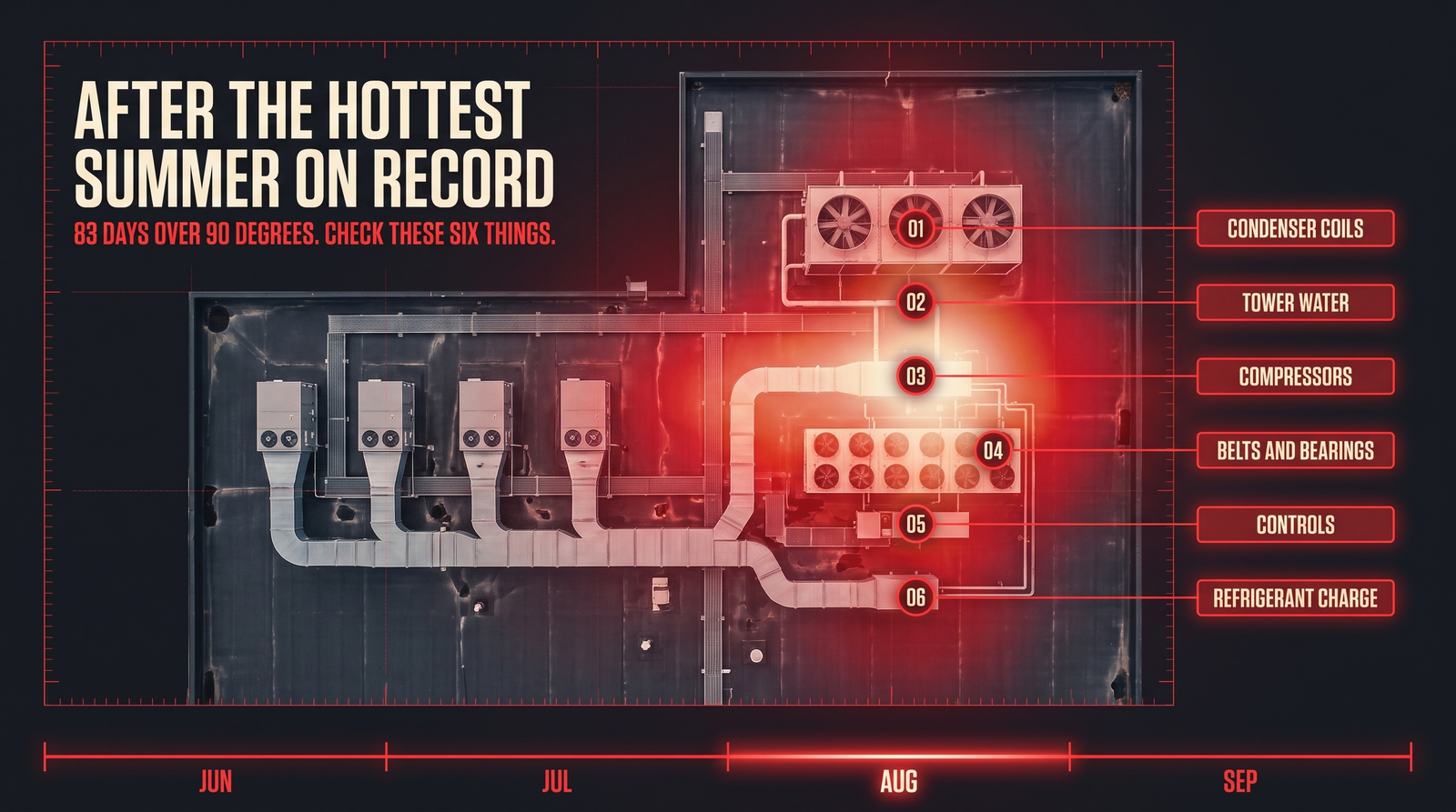 Overhead technical roof plan of a commercial rooftop mechanical plant with a red thermal heat signature over the equipment, six numbered inspection callouts, and a June through September timeline along the bottom.