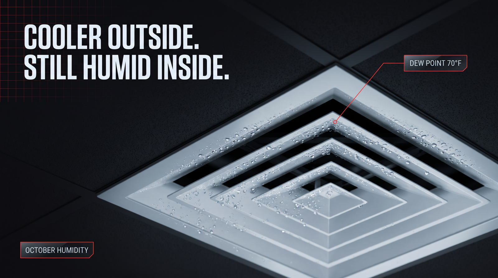 Close-up of a commercial ceiling supply diffuser with condensation beading on its face against a dark background, with a thin red line leading to a dew point readout and the words cooler outside, still humid inside.