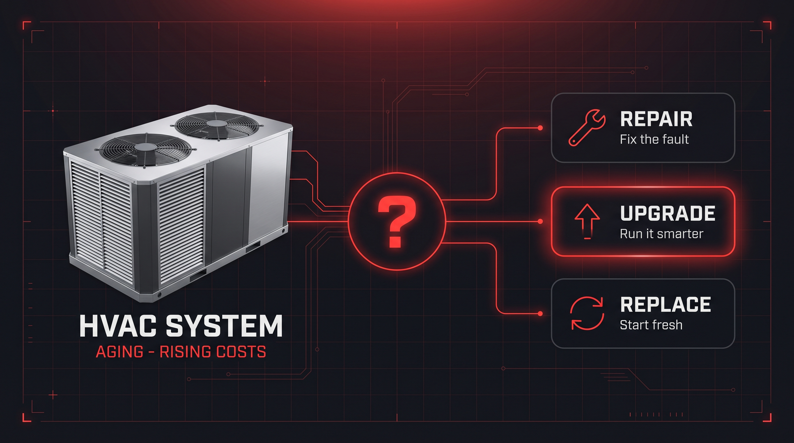 Decision diagram: an aging commercial HVAC system branches into three choices — repair, upgrade, or replace.