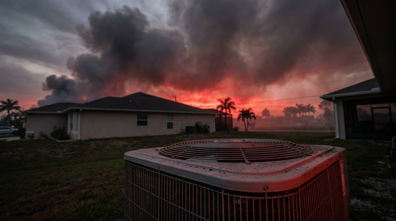 A South Florida home at dusk with an outdoor AC condenser unit in the foreground as thick wildfire smoke and a red-tinged glow fill the sky behind it.