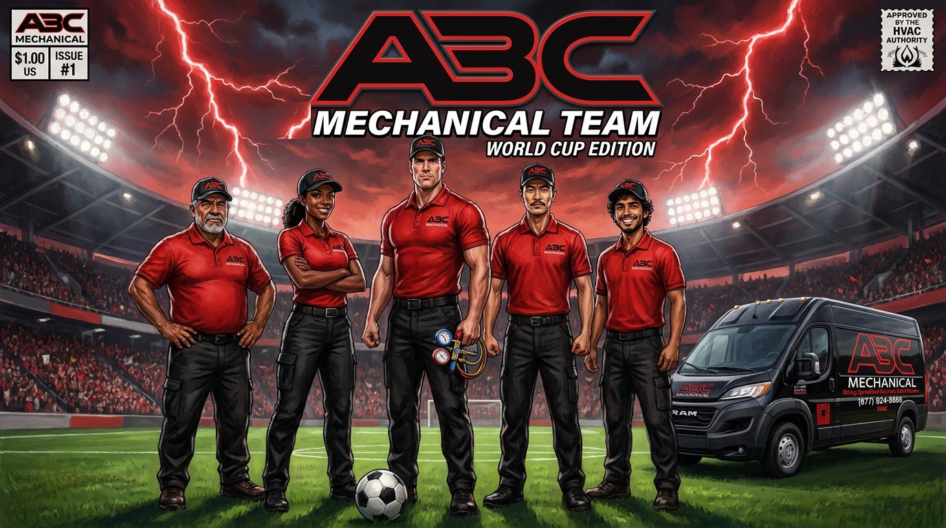 ABC Mechanical comic-book cover: five HVAC heroes in red ABC polos and black caps stand on a soccer field with a soccer ball and the black ABC Mechanical van, ready to play like a World Cup team.