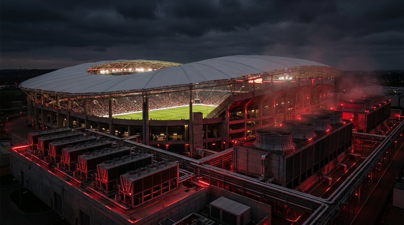 Aerial view at dusk of a packed open-air World Cup stadium with a sweeping canopy roof, beside a large rooftop mechanical cooling plant of chillers and cooling towers lit with red accents.